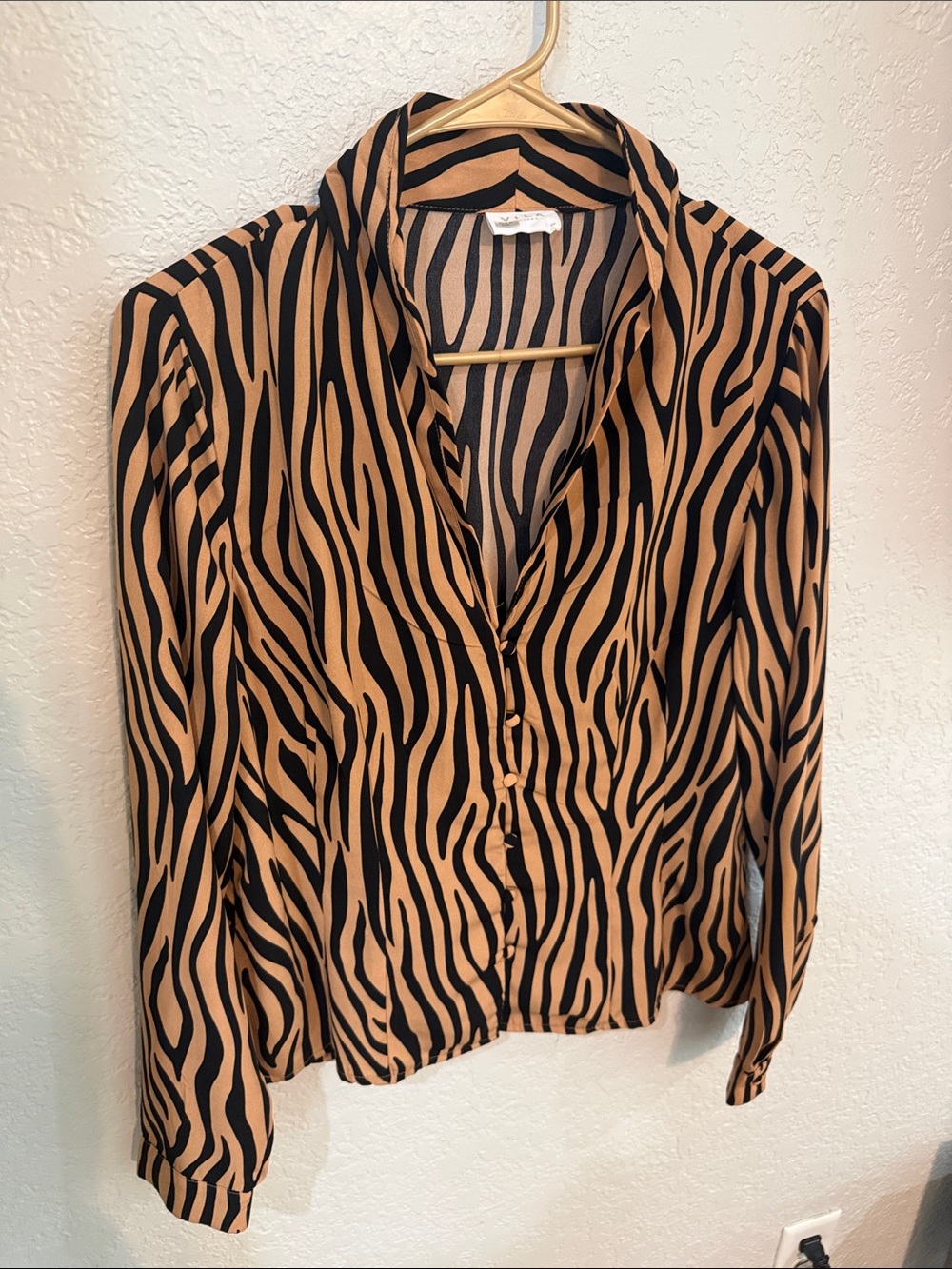 VILA Black and Tan Zebra-Stripe Button-Down Shirt